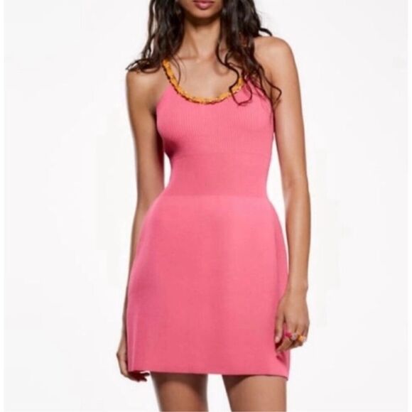 Zara Chain Strap Sleeveless Rib Knit Fit And Flare Dress Hot Pink Size Large - Picture 1 of 9